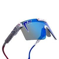 Pit Viper The Merika Original Wide 2.0 White w Blue Splatter / Blue Mirror Polarised Lenses