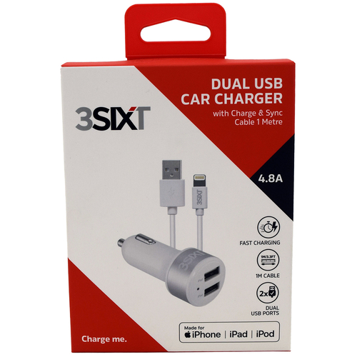 3SIXT Dual USB Car Charger with Lightning Charge & Sync Cable