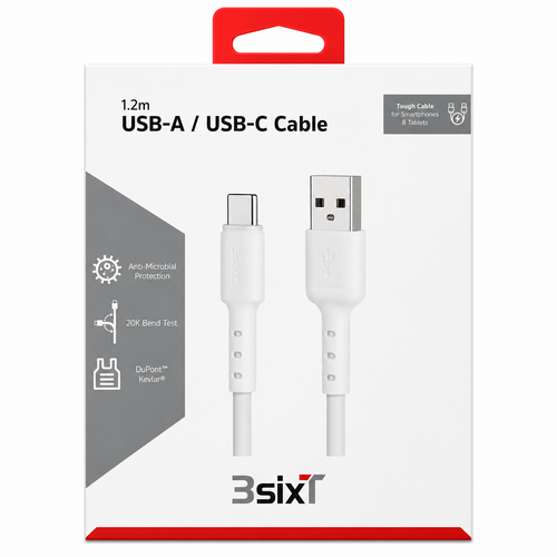 3SIXT Tough USB-A to USB-C (v2.0) Cable White 1.2m
