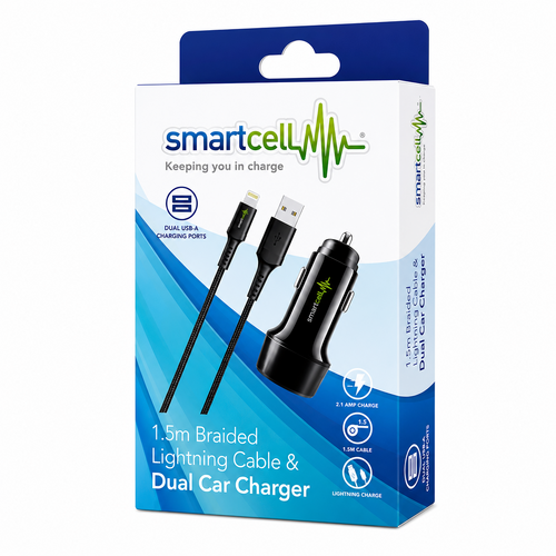 Smartcell Braided Lightning Cable & Dual Car Charger | 1.5m