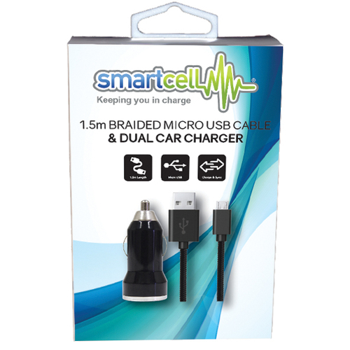 Smartcell 1.5m Braided Micro USB Cable & Dual Car Charger 