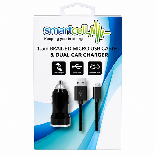 Smartcell Braided Micro USB Cable & Dual Car Charger | 1.5m
