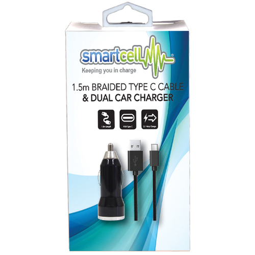 Smartcell 1.5m Braided Type C Cable & Dual Car Charger