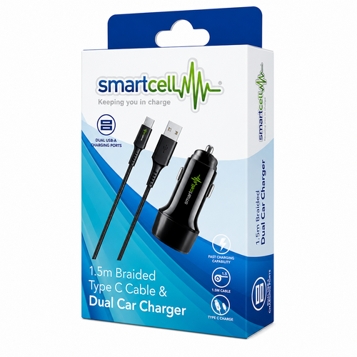 Smartcell Braided Type-C Cable & Dual Car Charger | 1.5m