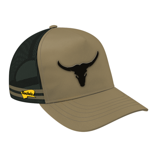 Rocko's 5 Panel Outback Trucker Cap Longhorn Bull Khaki OSFM