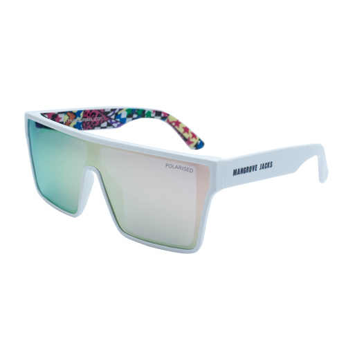 Mangrove Jacks Thunderball C10 Shiny White w Print / Smoke w Pink Revo Mirror Polarised Lenses