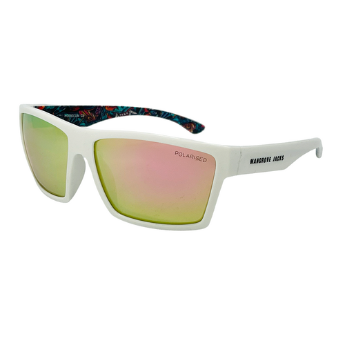 Mangrove Jacks Hoodlum C9 White w Temple Print / Ice Pink Revo Polarised Lenses